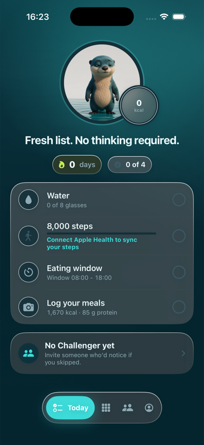 The MORPH Today screen showing four checklist items: water, 8,000 steps, an eating window and log your meals.