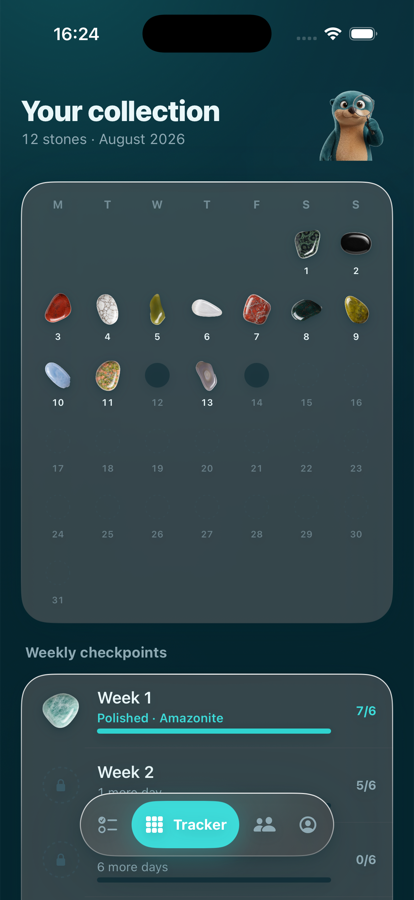 The MORPH tracker showing a month grid where each completed day holds a coloured stone.